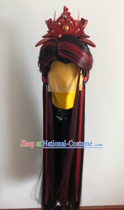 Handmade China Cosplay Young Man Brown Wigs and Hair Crown Traditional Puppet Show Yan King Headdress Ancient Swordsman Hairpieces