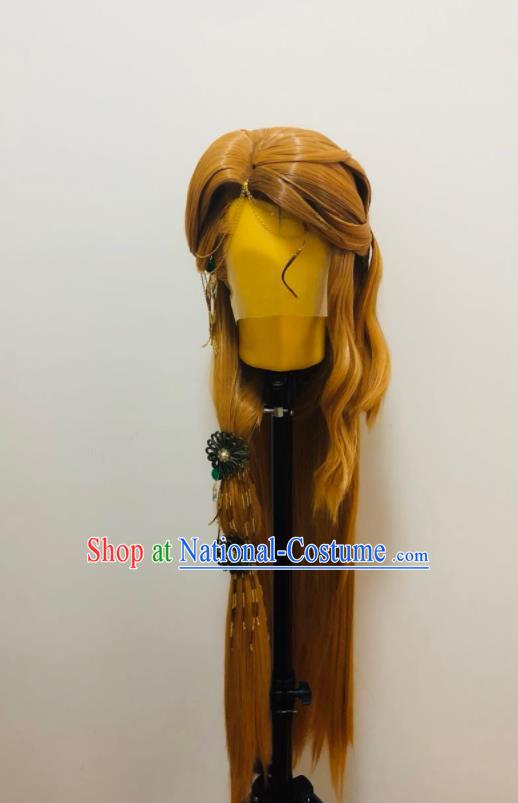 Handmade China Ancient Young Knight Headdress Cosplay Chivalrous Male Golden Wigs and Hair Crown Traditional Puppet Show Swordsman Hairpieces