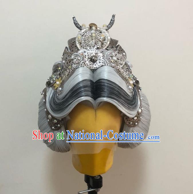 Chinese Cosplay Queen Mother Grey Wigs and Hair Crown Hairpieces Ancient Elderly Swordswoman Headdress Traditional Puppet Show Hair Accessories