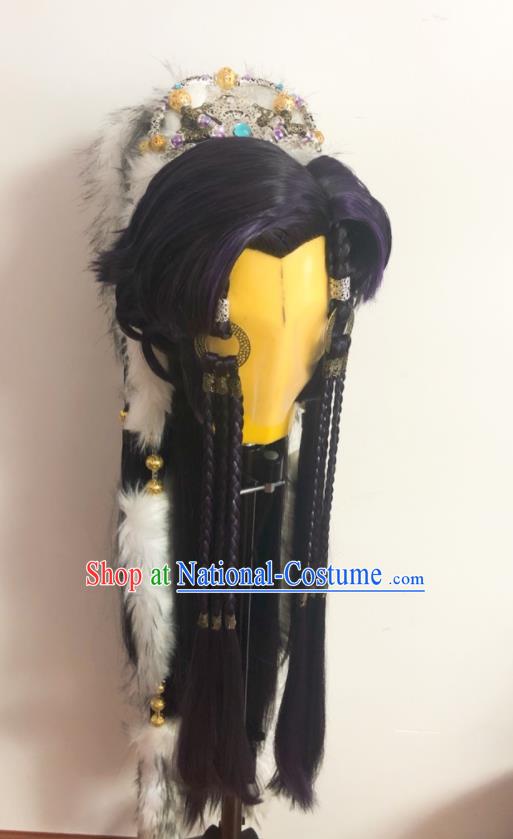 Handmade China Ancient Swordsman Hairpieces Cosplay Young Knight Purple Wigs and Hair Crown Traditional Puppet Show Wolf King Headdress