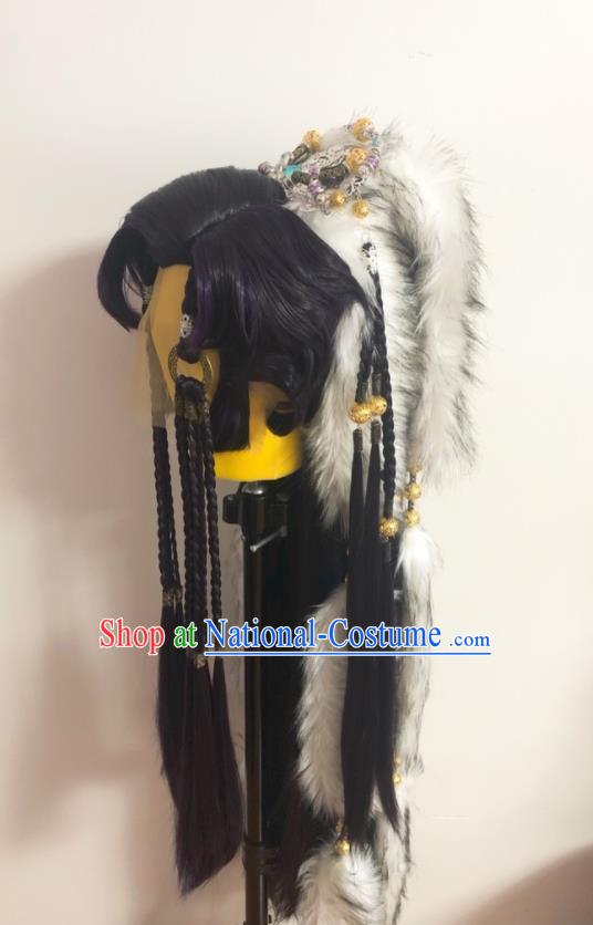 Handmade China Ancient Swordsman Hairpieces Cosplay Young Knight Purple Wigs and Hair Crown Traditional Puppet Show Wolf King Headdress