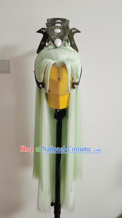 Handmade China Cosplay Taoist Priest Green Wigs and Hair Crown Traditional Puppet Show Mo Cangli Hairpieces Ancient Royal Prince Headdress