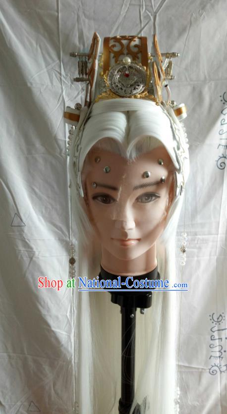 Handmade China Cosplay Elderly Hero White Wigs and Hair Crown Traditional Puppet Show Swordsman Hairpieces Ancient Taoist Priest Headdress