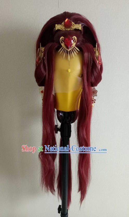 Chinese Ancient Young Beauty Headdress Traditional Puppet Show Goddess Hair Accessories Cosplay Queen Wine Red Wigs Chignon and Hairpieces