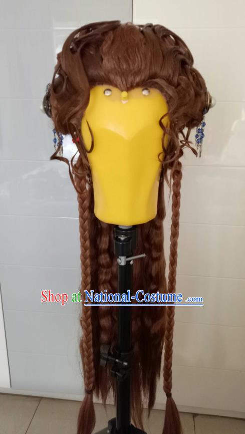 Chinese Cosplay Queen Brown Wigs Chignon and Hairpieces Ancient Imperial Concubine Headdress Traditional Puppet Show Young Beauty Hair Accessories