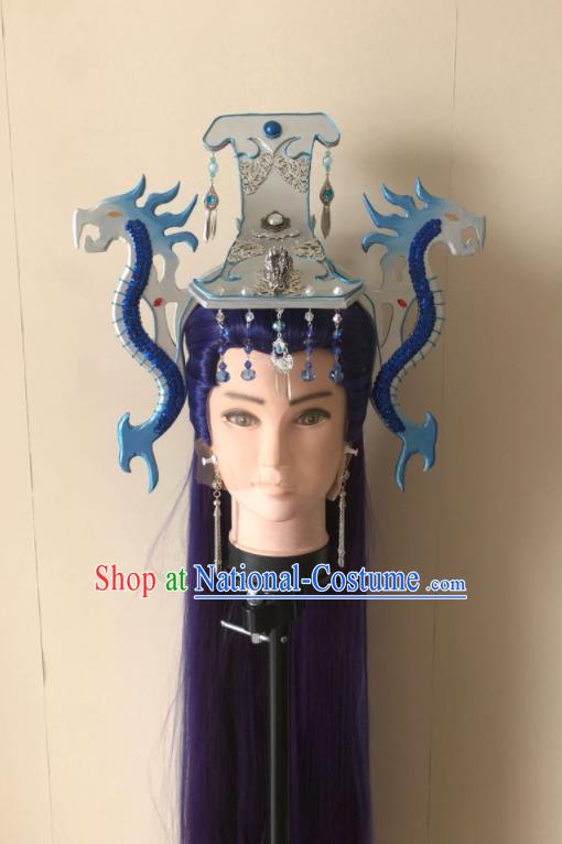 Handmade China Traditional Puppet Show Swordsman Xuan Bin Hairpieces Ancient General Headdress Cosplay Dragon Prince Purple Wigs and Hair Crown