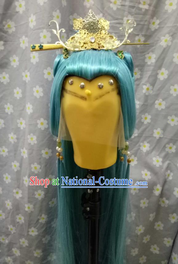 Handmade China Ancient Young Swordsman Headdress Cosplay Knight Blue Wigs and Hair Crown Traditional Puppet Show Cui Shanxing Hairpieces