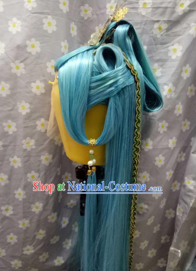 Handmade China Ancient Young Swordsman Headdress Cosplay Knight Blue Wigs and Hair Crown Traditional Puppet Show Cui Shanxing Hairpieces