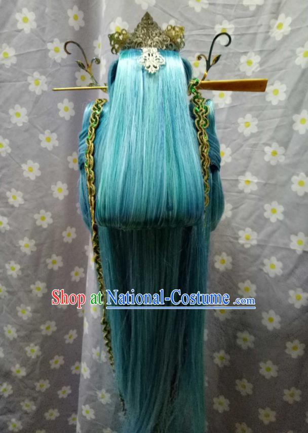 Handmade China Ancient Young Swordsman Headdress Cosplay Knight Blue Wigs and Hair Crown Traditional Puppet Show Cui Shanxing Hairpieces