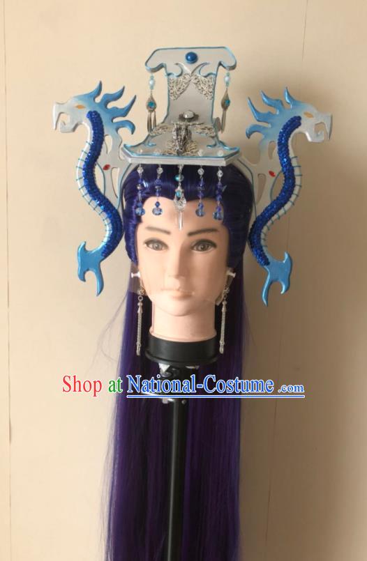 Handmade China Traditional Puppet Show Swordsman Xuan Bin Hairpieces Ancient General Headdress Cosplay Dragon Prince Purple Wigs and Hair Crown