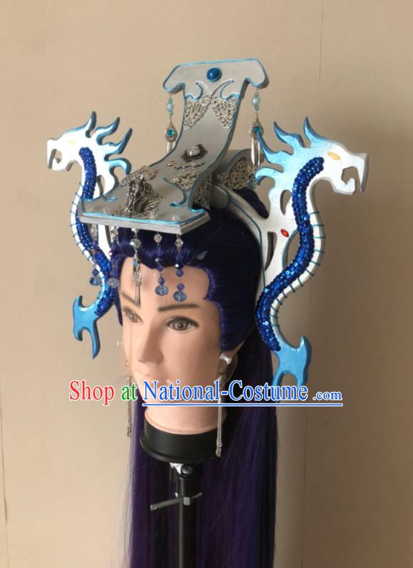 Handmade China Traditional Puppet Show Swordsman Xuan Bin Hairpieces Ancient General Headdress Cosplay Dragon Prince Purple Wigs and Hair Crown