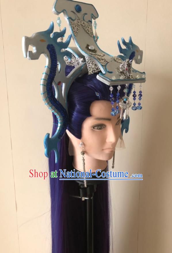 Handmade China Traditional Puppet Show Swordsman Xuan Bin Hairpieces Ancient General Headdress Cosplay Dragon Prince Purple Wigs and Hair Crown