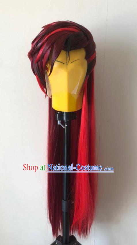 Handmade China Cosplay Young Knight Red Wigs Traditional Puppet Show Wang Shier Hairpieces Ancient Chivalrous Swordsman Headdress