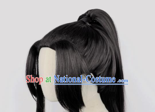 Handmade China Cosplay Young Knight Black Ponytsil Wigs Traditional Qin Dynasty Young Man Hairpieces Ancient Swordsman Headdress