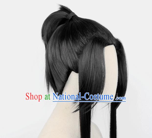 Handmade China Cosplay Young Knight Black Ponytsil Wigs Traditional Qin Dynasty Young Man Hairpieces Ancient Swordsman Headdress