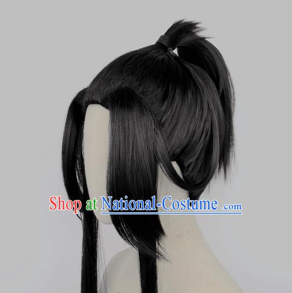 Handmade China Cosplay Young Knight Black Ponytsil Wigs Traditional Qin Dynasty Young Man Hairpieces Ancient Swordsman Headdress