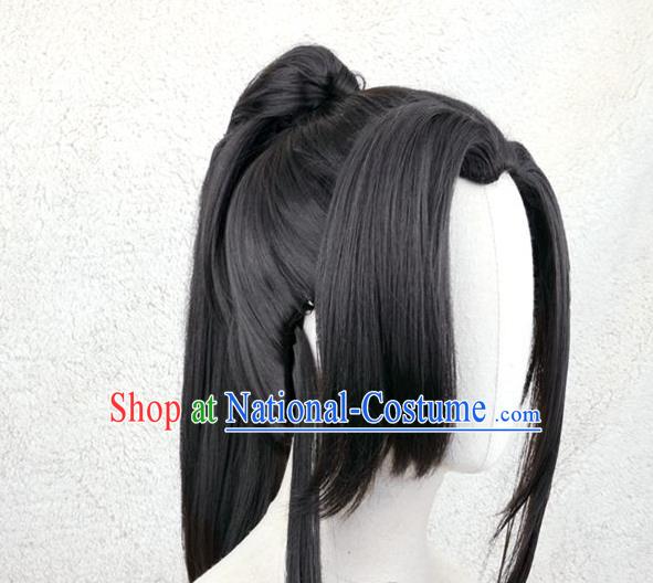 Handmade China Ancient Swordsman Headdress Cosplay Young Knight Black Ponytsil Wigs Traditional Qin Dynasty Young Man Hairpieces