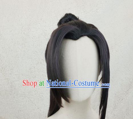 Handmade China Ancient Swordsman Headdress Cosplay Young Knight Black Ponytsil Wigs Traditional Qin Dynasty Young Man Hairpieces