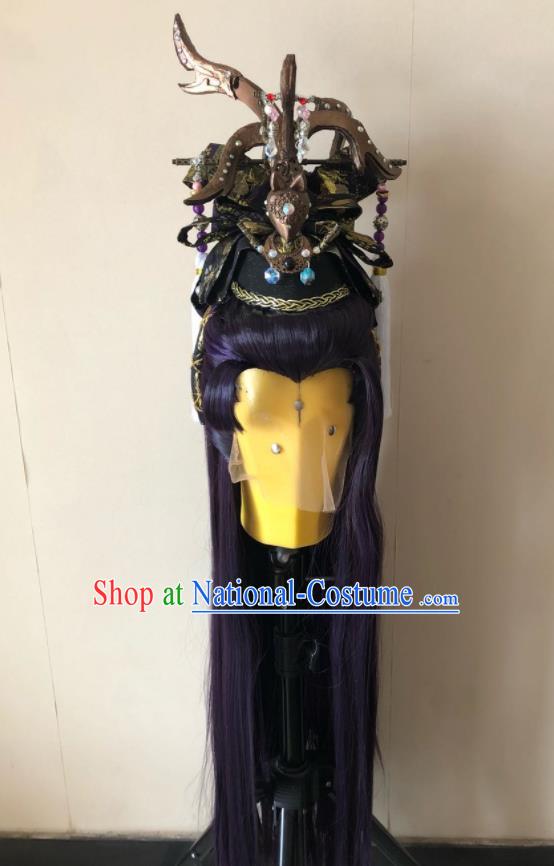 Handmade China Ancient Chivalrous Swordsman Headdress Cosplay Young Knight Purple Wigs Traditional Puppet Show Royal Prince Hairpieces