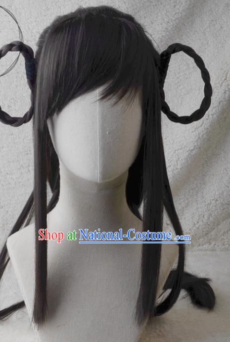 Chinese Traditional Swordswoman Hairpieces Cosplay Young Lady Hair Accessories Ancient Penglai Princess Black Wigs Headwear