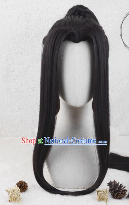 Handmade China Traditional Qin Dynasty Prince Hairpieces Ancient Noble Childe Headdress Cosplay Swordsman Black Wigs