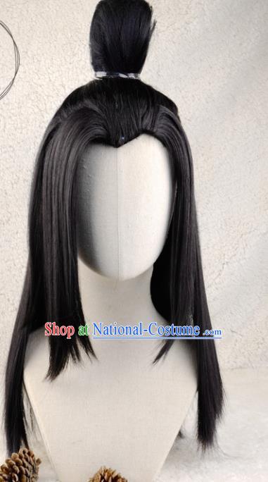 Handmade China Traditional Qin Dynasty Prince Hairpieces Ancient Swordsman Headdress Cosplay Young Knight Black Wigs