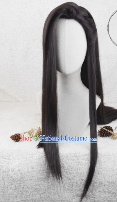 Handmade China Traditional Hanfu Noble Childe Hairpieces Ancient Prince Headdress Cosplay Swordsman Black Long Wigs