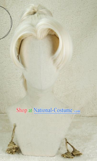 Handmade China Cosplay Swordsman Light Golden Wigs Traditional Hanfu Adults Hairpieces Ancient Young Hero Headdress