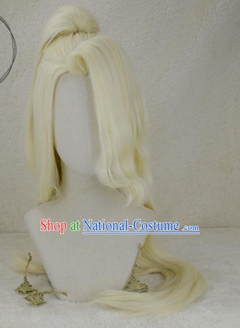 Chinese Traditional Swordswoman Curly Hairpieces Cosplay Female Knight Hair Accessories Ancient Young Lady Light Golden Wigs Headwear