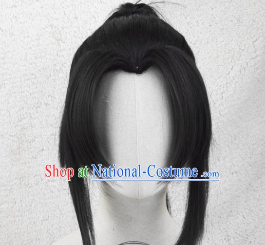 Handmade China Traditional Qin Dynasty Young Male Hairpieces Ancient Swordsman Headdress Cosplay Chivalrous Knight Black Wigs