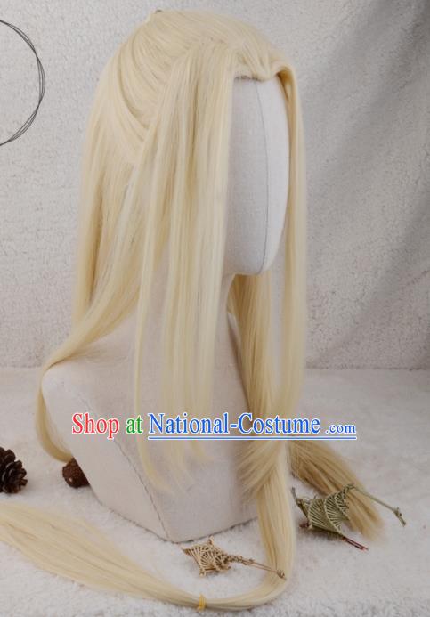 Handmade China Cosplay Chivalrous Knight Golden Wigs Traditional Qin Dynasty Young Childe Hairpieces Ancient Swordsman Headdress