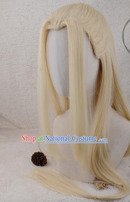 Handmade China Cosplay Chivalrous Knight Golden Wigs Traditional Qin Dynasty Young Childe Hairpieces Ancient Swordsman Headdress