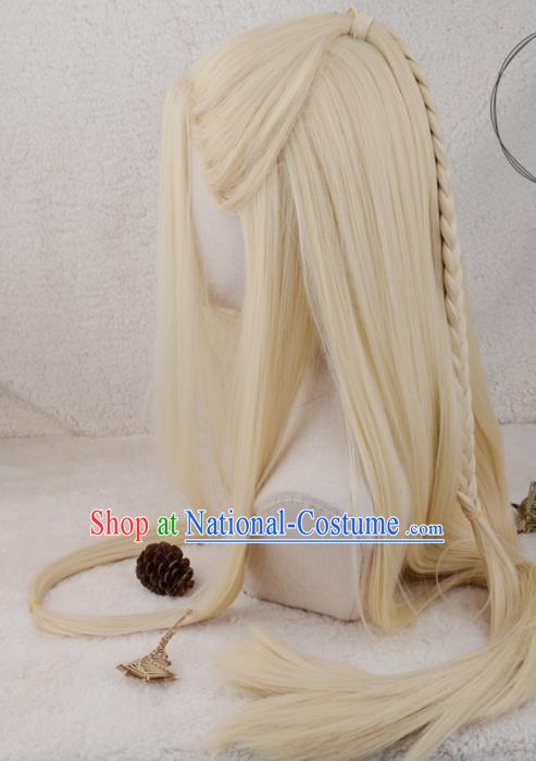 Handmade China Cosplay Chivalrous Knight Golden Wigs Traditional Qin Dynasty Young Childe Hairpieces Ancient Swordsman Headdress