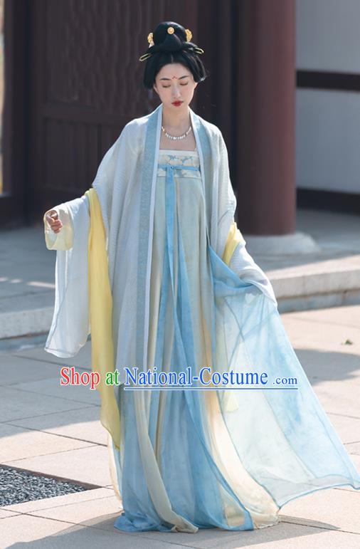 China Traditional Tang Dynasty Imperial Concubine Historical Clothing Ancient Palace Beauty Blue Hanfu Dress Garment Costumes