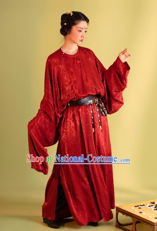 China Ancient Woman Hanfu Dress Traditional Tang Dynasty Red Round Collar Robe Uniforms Swordsman Historical Clothing