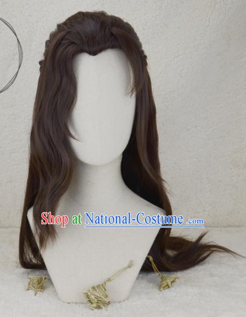 Handmade China Ancient Young Knight Headdress Cosplay Swordsman Brown Wigs Traditional Ming Dynasty Hero Hairpieces