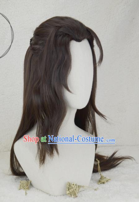 Handmade China Ancient Young Knight Headdress Cosplay Swordsman Brown Wigs Traditional Ming Dynasty Hero Hairpieces