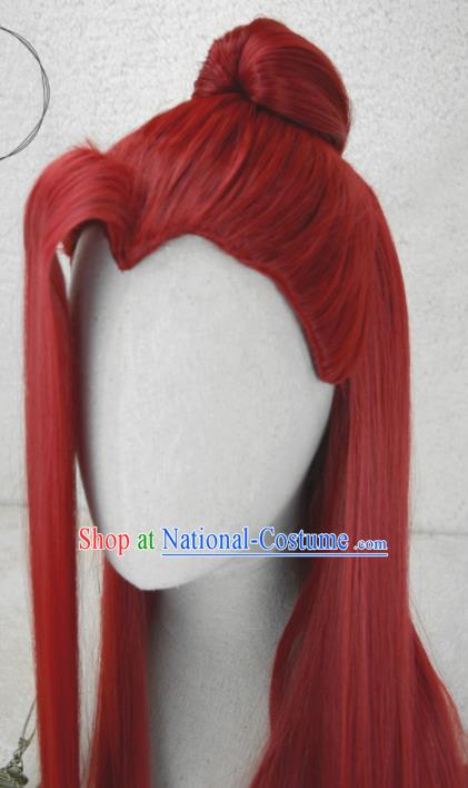 Chinese Traditional Swordswoman Hairpieces Cosplay Goddess Hair Accessories Ancient Young Lady Red Wigs Headwear