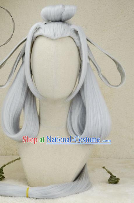 Chinese Ancient Young Lady Grey Wigs Headwear Traditional Swordswoman Hairpieces Cosplay Goddess Hair Accessories