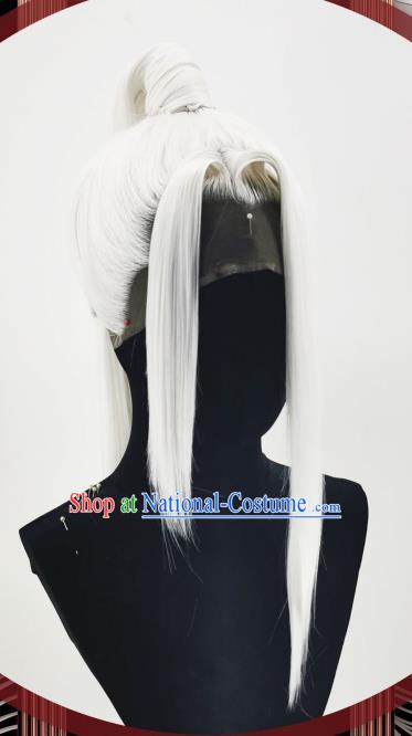 Handmade China Traditional Honor of Kings Han Xin Hairpieces Ancient Young Hero Headdress Cosplay Swordsman White Wigs