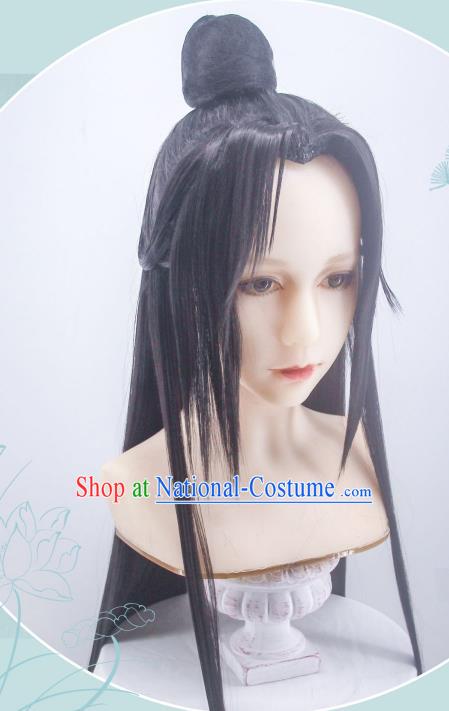 Handmade China Cosplay Swordsman Black Wigs Traditional Hanfu Hairpieces Ancient Taoist Priest Headdress