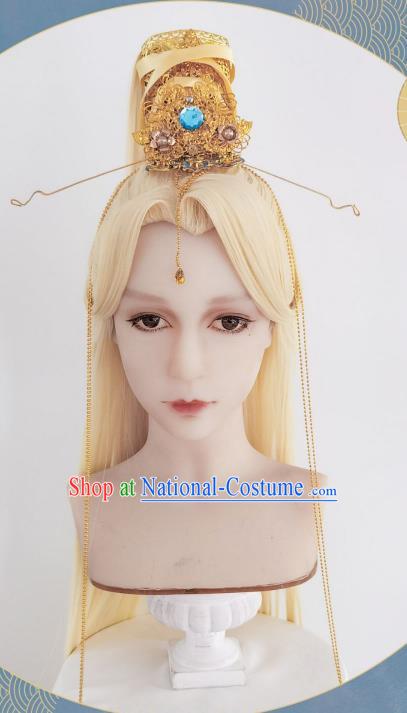 Handmade China Traditional Hanfu Emperor Hairpieces Ancient Taoist Priest Headdress Cosplay Heaven King Golden Wigs