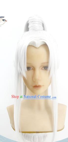 Handmade China Cosplay Demon King White Wigs Traditional Hanfu Swordsman Zhu Yeli Hairpieces Ancient Taoist Priest Headdress