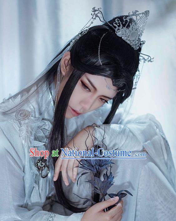 Handmade China Ancient Crown Prince Headdress Cosplay Swordsman Black Wigs Traditional Heaven Official Blessing Xie Lian Hairpieces