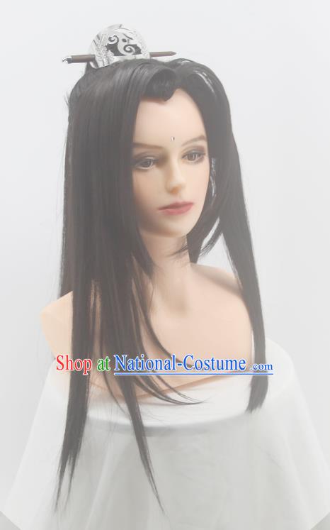 Handmade China Cosplay Young Hero Black Wigs Traditional Qin Dynasty Male Hairpieces Ancient Swordsman Headdress