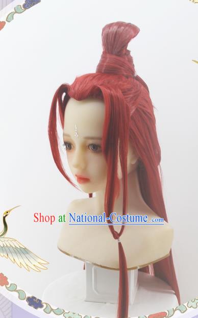 Chinese Cosplay Swordswoman Hair Accessories Ancient Female Knight Red Wigs Headwear Traditional Hanfu Qin Dynasty Hairpieces