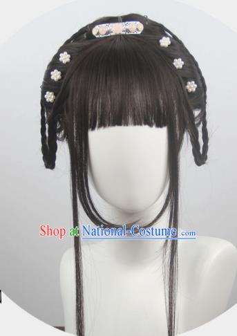 Chinese Traditional Hanfu Song Dynasty Hairpieces Cosplay Palace Beauty Hair Accessories Ancient Young Lady Bangs Wigs Headwear