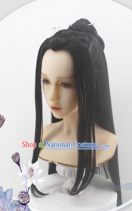 Handmade China Ancient Swordsman Headdress Cosplay Young Childe Black Wigs Traditional Jin Dynasty Childe Hairpieces