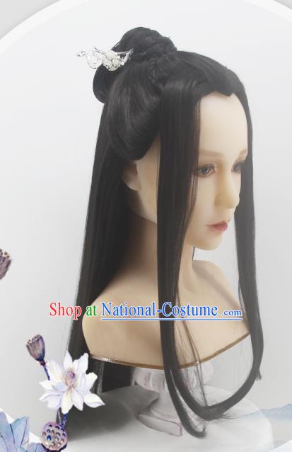 Handmade China Ancient Swordsman Headdress Cosplay Young Childe Black Wigs Traditional Jin Dynasty Childe Hairpieces