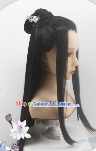 Handmade China Ancient Swordsman Headdress Cosplay Young Childe Black Wigs Traditional Jin Dynasty Childe Hairpieces